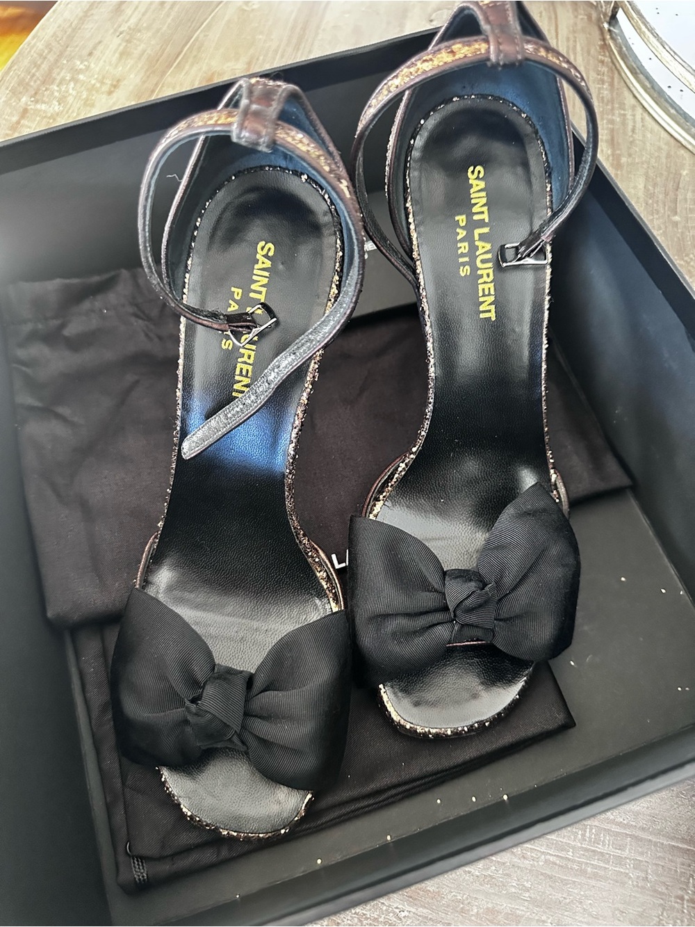 Saint Laurent Black Bow Ankle-Strap Heels with Metallic Trim - Picture 4 of 7